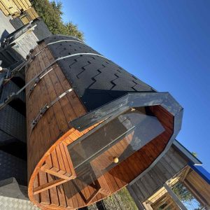 barrel sauna with porch